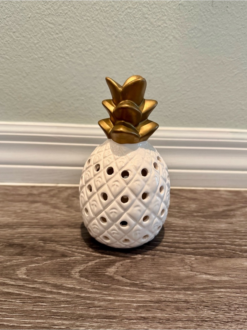 White and Gold Glossy Lattice Weave Ceramic Pineapple Sculpture
